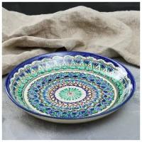 Ляган круглый Риштанская Керамика, 25см, сине-зелёный орнамент