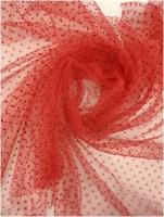 FS Ткань Фатин флок в горошек цвет Красный шир.150 см и длина 100 см. воздушная и легкая ткань