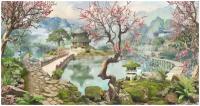Фотообои Уютная стена "Японский сад с прудом и сакурой" 520х270 см Виниловые Бесшовные (единым полотном)