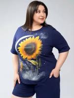 Пижама женская PLUS Size с принтом Подсолнух лунный синий 7XL