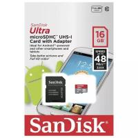 SanDisk Карта памяти SanDisk Ultra microSDHC 16GB Class 10 UHS-I 48MB/s + SD adapter (SDSDQUAN-016G-G4A)