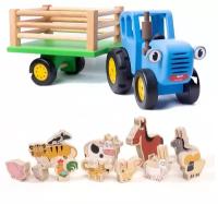 Игровой набор Синий Трактор Гоша 11 см с прицепом и набор животных (фанера) Едет трактор Bochart BT104/BT1013