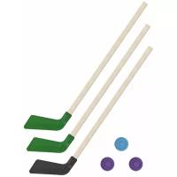 Детский хоккейный набор для игр на улице, свежем воздухе для зимы для лета Клюшка хоккейная детская 3 шт. 80 см (2 зеленых, 1 черная) + 3 шайбы