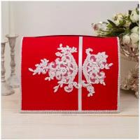 Роскошный сундучок для денежных подарков на свадьбу молодоженам "Аврора" красного цвета с белым кружевом и бисером