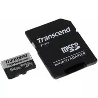 Карта памяти MicroSD 64GB Transcend 350V UHS-I U1 + SD адаптер (высокой надёжности)