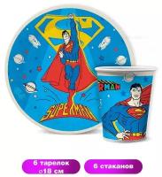 Набор бумажной одноразовой посуды для праздника Superman Лого\ Супермен (тарелка мал, стакан, по 6 шт.) ND Play