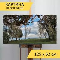 Картина на ОСП 125х62 см. "Ветви дерева, осень, пейзаж" горизонтальная, для интерьера, с креплениями