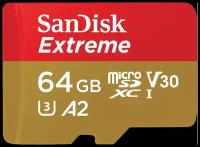 Карта памяти SanDisk Extreme microSDXC Class 10 UHS Class 3 V30 A2 170MB/s + 64 GB, чтение: 170 MB/s, запись: 80 MB/s, без адаптера SD