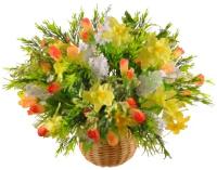 Искусственные оранжевые тюльпаны в плетеной вазе П-00-33