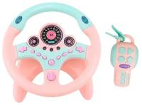 Детский музыкальный руль с подставкой и ключиком / батарейки В подарок / Развивающий розовый руль с сигналами, мелодиями, световыми эффектами / Руль игровой на подставке