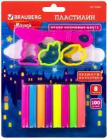 Пластилин флуоресцентный BRAUBERG 8 цветов, 100 г, стек, 3 формочки, высшее качество, блистер, 224461