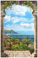 Фотообои Уютная стена "Украшенная цветами терраса с аркой с видом на море" 170х270 см Бесшовные Премиум (единым полотном)