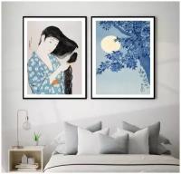 2 постера "Пара постеров в японском стиле Гейша рисунок" 40 на 50 в тубусе без рамки / Набор постеров картин для интерьера