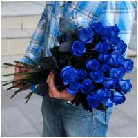 Цветы живые букет из 25 синих роз с атласной лентой
