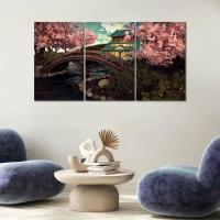 Модульная картина/Модульная картина на холсте/Модульная картина в спальню/Модульная картина в подарок - Пейзаж с сакурой в японском стиле 90х50