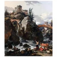 Репродукция на холсте Пейзаж с водопадом и храмом Сивиллы в Тиволи Берхем Николас 40см. x 46см