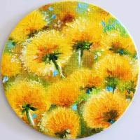 Картина - магнит маслом натюрморт цветы одуванчики ручная работа круглая D 10 см
