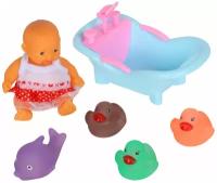 Пупс для девочек игрушечный, с игровым набором для купания, кукла для девочек, (пупс, утки, дельфин, голубая ванна), в/п 24*19*8см