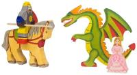 Набор деревянных игрушек из 4-х фигур "Рыцарь на коне, дракон и принцесса" ручная работа