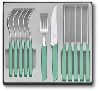 Набор из 12 столовых принадлежностей VICTORINOX Swiss Modern: 6 ножей для стейка и пиццы с волнистым лезвием 12 см, 6 столовых вилок 20,5 см, мятно-зелёный 6.9096.12W41.12