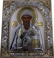 Икона Святой Спиридон, деревянная с патиной, шелкография, золотой декор, 11*12,5 см