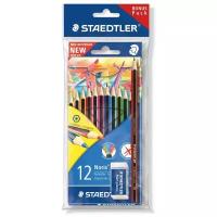 Staedtler Набор цветных карандашей WOPEX 12 цветов с чернографитным карандашом 180T-HB и ластиком