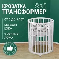 MebelKids, Детская кровать для новорожденных трансформер 8в1 Sofia, Белая, массив Бука, круглая люлька 75х75, овальная колыбель 75х125