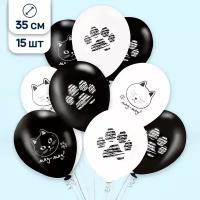 Воздушные шары Riota латексные черно-белые Котики Лапки, набор 15 шт