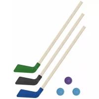Детский хоккейный набор для игр на улице, свежем воздухе Клюшка хоккейная детская 3 шт. 80 см зеленая, черная, синяя + 3 шайбы, Задира-плюс