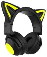 Наушники беспроводные накладные с ушками QUMO Party Cat mini ВТ 0052 подсветка, игровые, детские для телефона, компьютера 360 мА*ч, черно-желтый