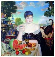 Репродукция на холсте Купчиха за чаем (Merchant's Wife at Tea) Кустодиев Борис 30см. x 31см