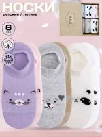 Носки детские короткие для девочки KTS KTSS0174 с принтом кошки, собачки и панды, набор 6 пар разного цвета в подарочной коробке, размер 34-36