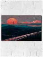 Картина интерьерная на рельефной доске Закатный пейзаж (хайвей, шоссе, рассвет, закат, облака, огни ночного города) - 8269 Г