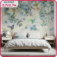 Фотообои цветы на стену флизелиновые "Колибри в цветах" с рисунком птицы в спальню, в гостиную и на кухню 270x270 см