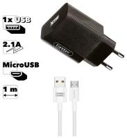 Сетевое зарядное устройство (адаптер) Earldom ES-201M, порт USB-А, 2.1А, кабель MicroUSB в комплекте, 1 метр, черный