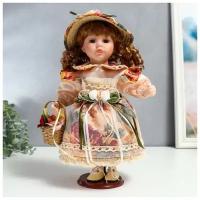 Кукла коллекционная КНР керамика, "Клара в платье с розами, шляпке и с корзинкой" 30 см (7390253)