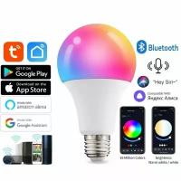 Умная светодиодная лампочка E27 RGB + CCT Bluetooth Smart Led Bulb 10W Tuya / Лед многоцветная Е27, теплая, холодная лампа с Алисой, Siri, Alexa, Google