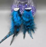 Серьги с перьями Петуха "Полосатые"11-13см. Цвет: ярко- голубые с черным с серебристыми замками