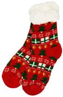 Плюшевые новогодние носки-тапки с подарками и ёлочками