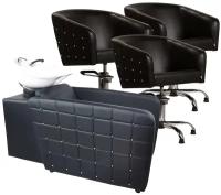 Парикмахерский комплект "Гламрок", Черный, 3 кресла гидравлика пятилучье, 1 мойка средняя белая раковина