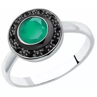 Кольцо SOKOLOV, серебро, 925 проба, родирование, фианит, агат, размер 18, зеленый, черный