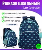 Рюкзак школьный для девочки подростка, с ортопедической спинкой, для средней школы, GRIZZLY, с котом (синий - мятный)