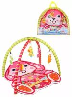 Развивающий коврик Oubaoloon розовый, 2 дуги, 5 подвесных игрушек, для детей с рождения, в сумке (604-1B)