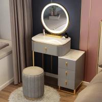 Небольшой туалетный столик с узкой тумбой и зеркалом с подсветкой (серый с белой столешницей 50 см + пуф + зеркало)