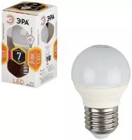Лампа светодиодная ЭРА, 7 (60) Вт, цоколь E27, шар, теплый белый свет, 30000 ч. LED smdP45-7w-827-E27
