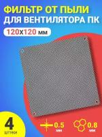 Фильтр от пыли для вентилятора ПК 120 мм х 120 мм сетка для кулера толщиной 0,5 мм и размер ячейки (соты) 0.8 мм, 4 штуки (Черный)