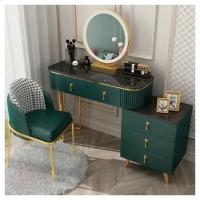 Современный туалетный столик 100 см из МДФ с ребристыми боковинами, квадратной тумбой и зеркалом (зеленый столик + тумба + умное зеркало + кресло)