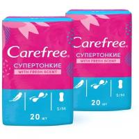 Прокладки Carefree ежедневные женские Кефри СуперТонкие гигиенические в индивидуальной упаковке 2 упаковки по 20 шт