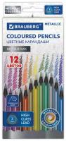 Карандаши деревянные цветные для рисования 12 цветов, трёхгранные, Brauberg Metallic, 181853