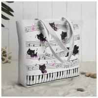 Сумка текстильная Музыкальные коты, 42*9*32, отдел на молнии, подклад, белый 3921128